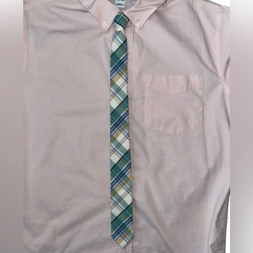 Old Navy Boys’ Pink Button Down Shirt W/ Plaid Necktie 14/16
